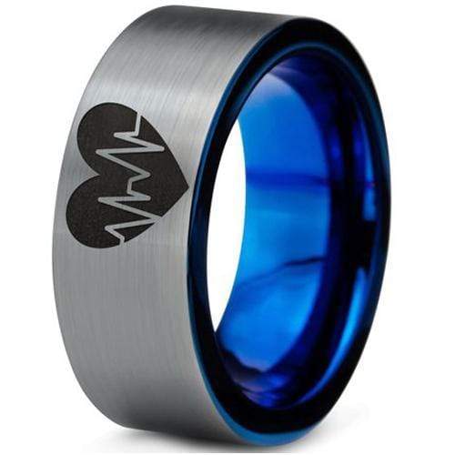 Rings And Bands Platinum Rings White Blue Tungsten Carbide Heartbeat and Heart Flat Ring Titanium