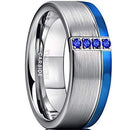 Rings And Bands Silver Rings For Women Silver White Blue Tungsten Carbide Offset Groove Ring With Blue Sapphire Titanium