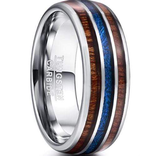 Rings And Bands Silver Rings For Women Silver White Tungsten Carbide Dome Ring With Wood and Blue Meteorite Titanium