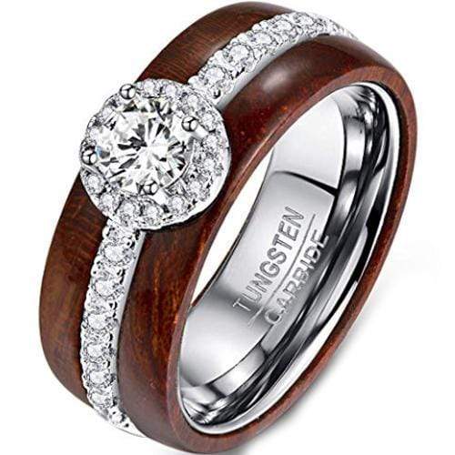 Rings And Bands Silver Rings For Women Silver White Tungsten Carbide Ring With Wood and Cubic Zirconia Titanium