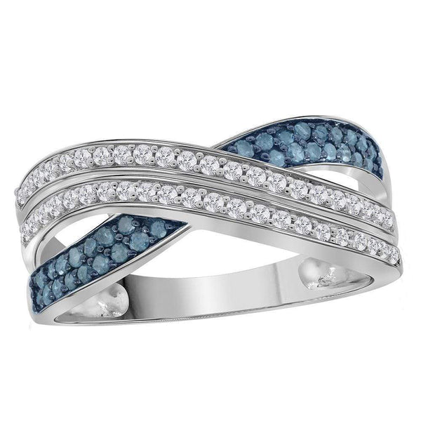 Rings And Bands Sterling Silver Women's Round Blue Color Enhanced Diamond Crossover Band Ring 3-8 Cttw JadeMoghul