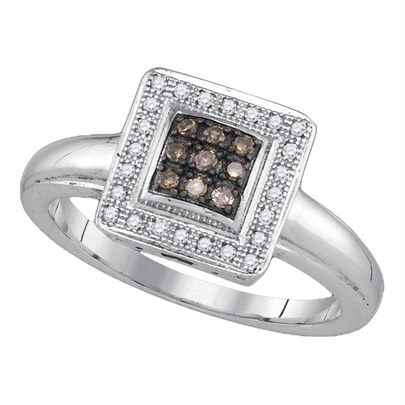 Rings And Bands Sterling Silver Women's Round Cognac-brown Color Enhanced Diamond Square Cluster Ring 1/6 Cttw - FREE Shipping (US/CAN) JadeMoghul