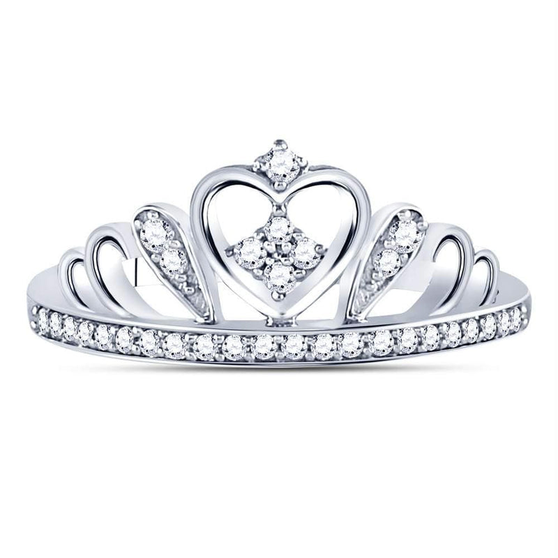 Rings And Bands Sterling Silver Women's Round Diamond Crown Tiara Heart Ring 1/6 Cttw - FREE Shipping (US/CAN) JadeMoghul