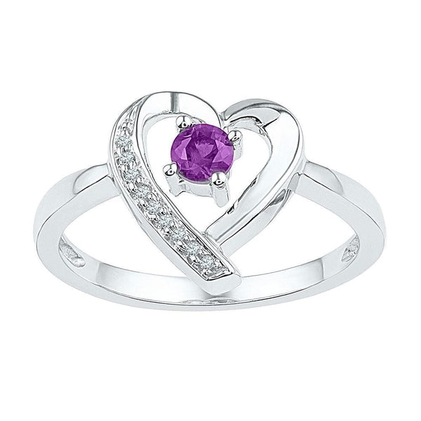 Rings And Bands Sterling Silver Women's Round Lab-Created Amethyst Diamond Heart Ring 1/4 Cttw - FREE Shipping (US/CAN) JadeMoghul
