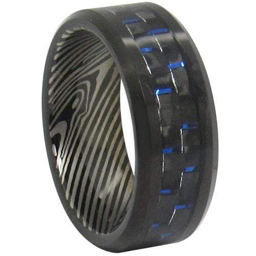 Tungsten Carbide Rings Tungsten Carbide Black Blue Damascus Ring With Carbon Fiber