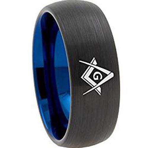 Tungsten Carbide Men's Rings Tungsten Carbide Black Blue Masonic Dome Ring