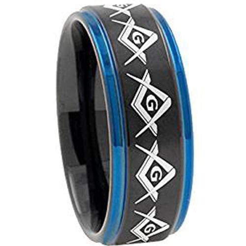 Tungsten Carbide Men's Rings Tungsten Carbide Black Blue Masonic Step Ring
