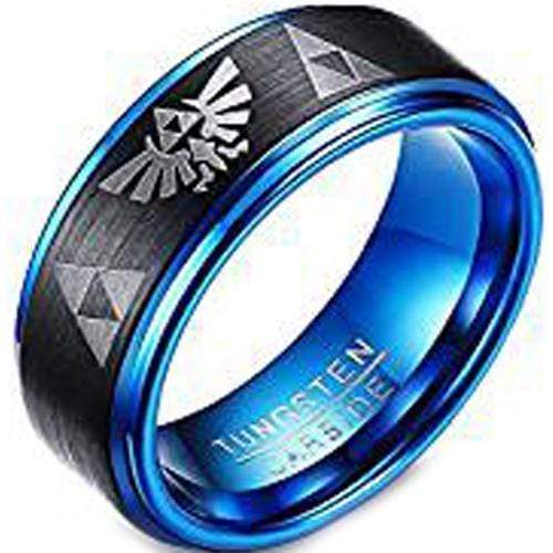 Tungsten Carbide Men's Rings Tungsten Carbide Black Blue Triforce Legend of Zelda Step Ring