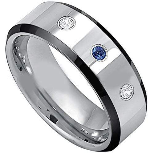 Silver Band Ring Tungsten Carbide Black Silver With Blue Sapphire & Genuine Diamond