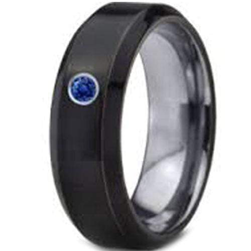 Silver Band Ring Tungsten Carbide Black Silver Ring with Created Blue Sapphire