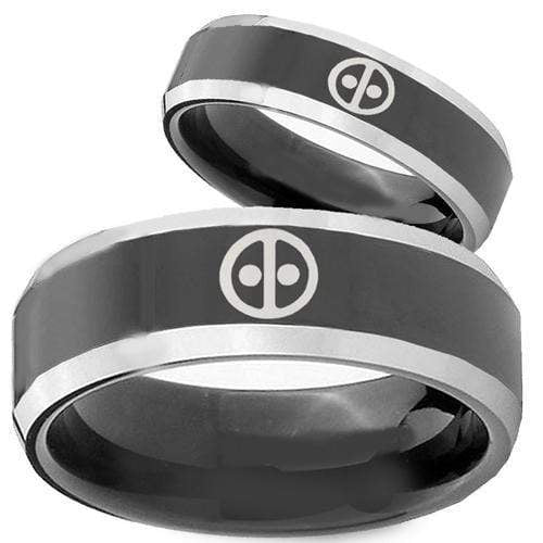 Silver Band Ring Tungsten Carbide Black Silver Deadpool Ring