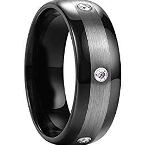 Silver Band Ring Tungsten Carbide Black Silver Dome Ring With Genuine Diamonds