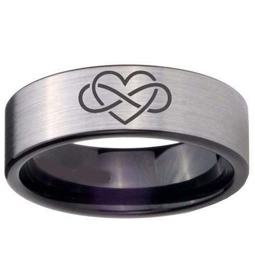 Simple Silver Ring Tungsten Carbide Black Silver Infinity Heart Flat Ring