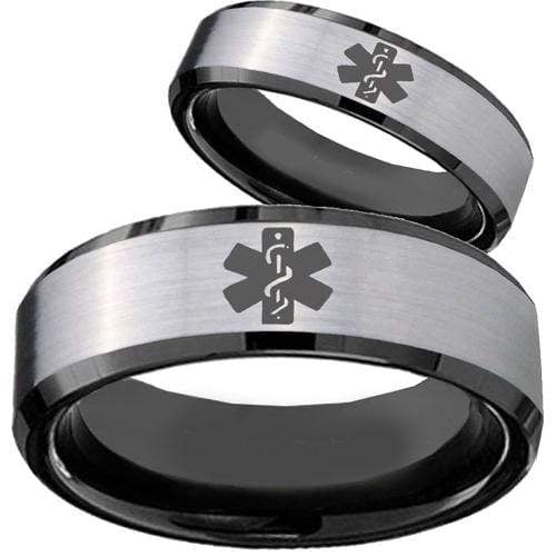 Simple Silver Ring Tungsten Carbide Black Silver Medic Alert Ring