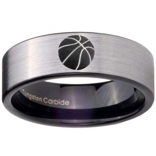 Silver Band Ring Tungsten Carbide Black Silver Pipe Cut Flat Basketball Ring