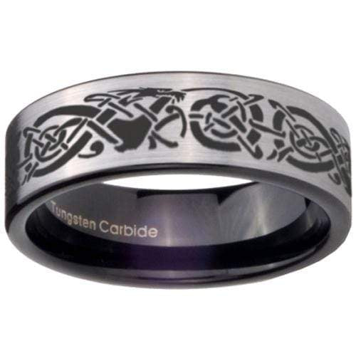 Silver Band Ring Tungsten Carbide Black Silver Pipe Cut Flat Dragon Ring