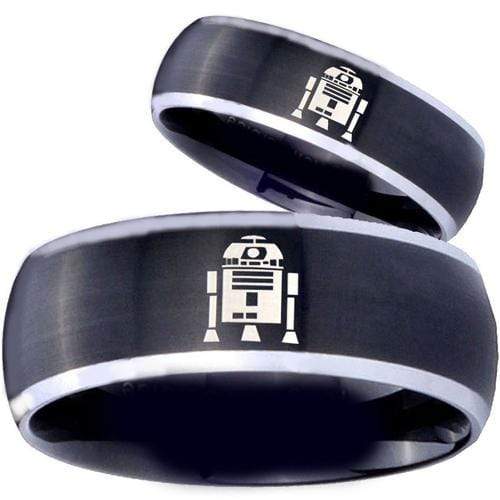 Simple Silver Ring Tungsten Carbide Black Silver R2D2 Ring