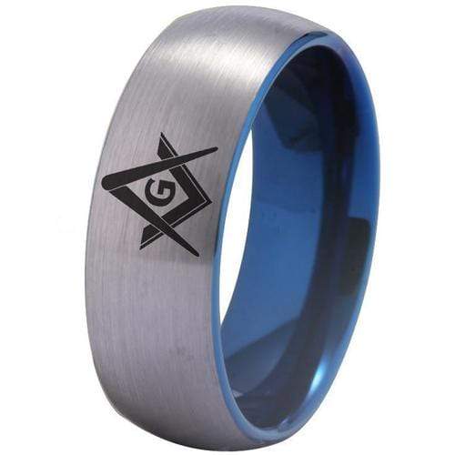 Silver Band Ring Tungsten Carbide Blue Silver Dome Court Masonic Ring