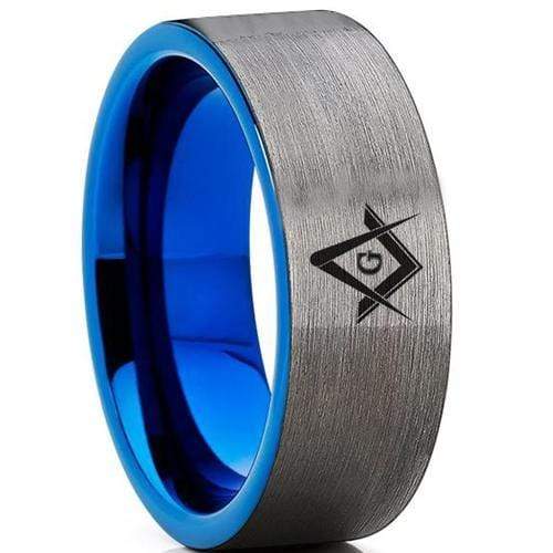 Silver Band Ring Tungsten Carbide Blue Silver Pipe Cut Flat Masonic Ring