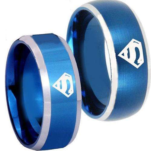 Simple Silver Ring Tungsten Carbide Blue Silver Superman Ring