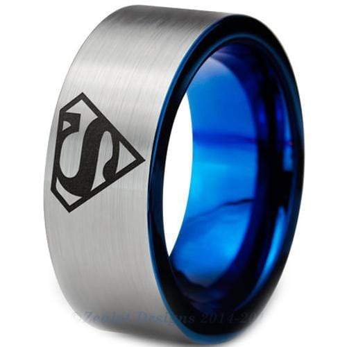 Simple Silver Ring Tungsten Carbide Blue Silver Superman Flat Ring