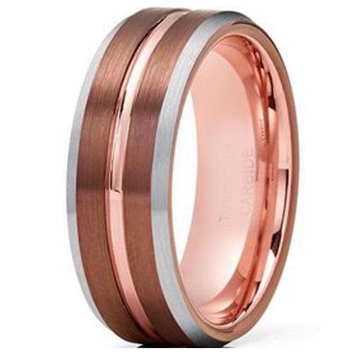 Tungsten Rings Tungsten Carbide Espresso Brown Rose Pink  Center Groove Ring