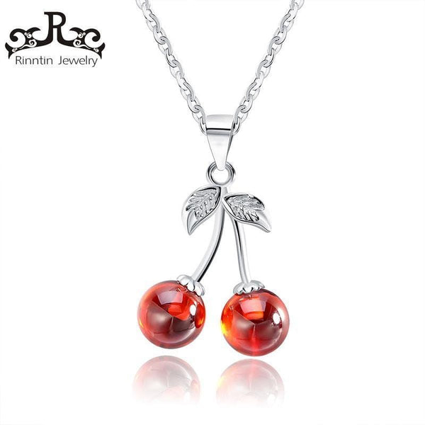 Rinntin Real 925 Sterling Silver Jewelry Red Natural Stone Cherry Pendant Necklaces Cute Chain Necklace Charm Jewelry Hot TSN03--JadeMoghul Inc.