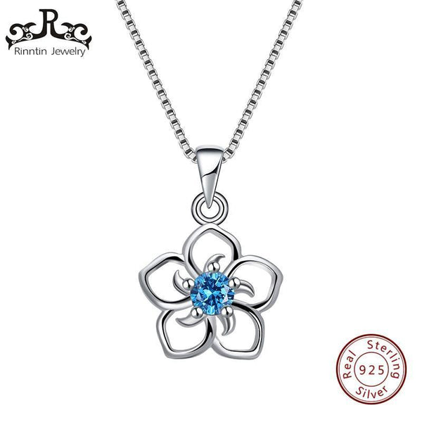 Rinntin Real 925 Sterling Silver Women Necklaces Flower Shape Pendants Four Colors AAA Zircon Cute Style Fine Jewelry Gift TSN97-Blue cz-JadeMoghul Inc.