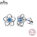 Rinntin Solid 925 Real Sterling Silver Women Stud Earrings Flower Pattern Blue AAA Zircon Classic Style Party Jewelry TSE71-L-Blue cz-JadeMoghul Inc.