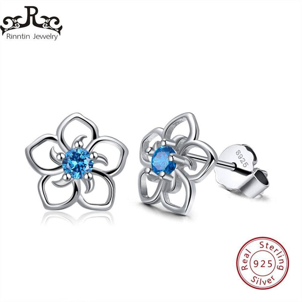 Rinntin Solid 925 Real Sterling Silver Women Stud Earrings Flower Pattern Blue AAA Zircon Classic Style Party Jewelry TSE71-L-Blue cz-JadeMoghul Inc.