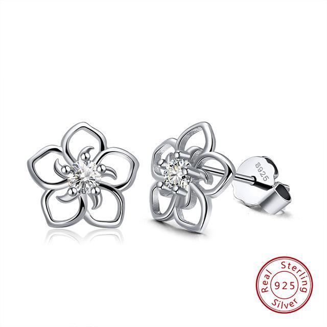 Rinntin Solid 925 Real Sterling Silver Women Stud Earrings Flower Pattern Blue AAA Zircon Classic Style Party Jewelry TSE71-L-Clear cz-JadeMoghul Inc.