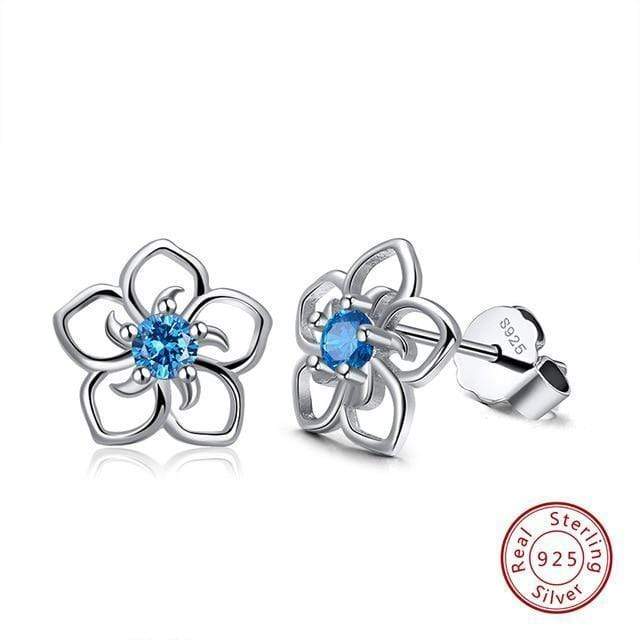 Rinntin Solid 925 Real Sterling Silver Women Stud Earrings Flower Pattern Blue AAA Zircon Classic Style Party Jewelry TSE71-L