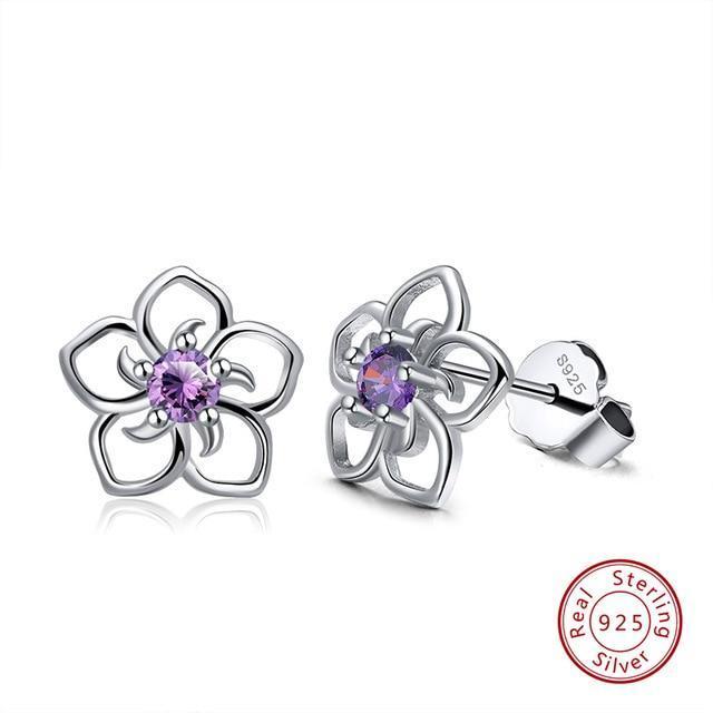 Rinntin Solid 925 Real Sterling Silver Women Stud Earrings Flower Pattern Blue AAA Zircon Classic Style Party Jewelry TSE71-L-Purple cz-JadeMoghul Inc.
