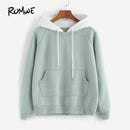 ROMWE Pale Green Patchwork Hoodie Women Raglan Long Sleeve Cute Contrast Hooded Sweatshirt 2018 Fall Pocket Drawstring Hoodies JadeMoghul Inc. 