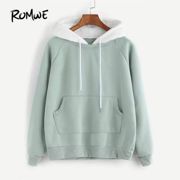 ROMWE Pale Green Patchwork Hoodie Women Raglan Long Sleeve Cute Contrast Hooded Sweatshirt 2018 Fall Pocket Drawstring Hoodies JadeMoghul Inc. 