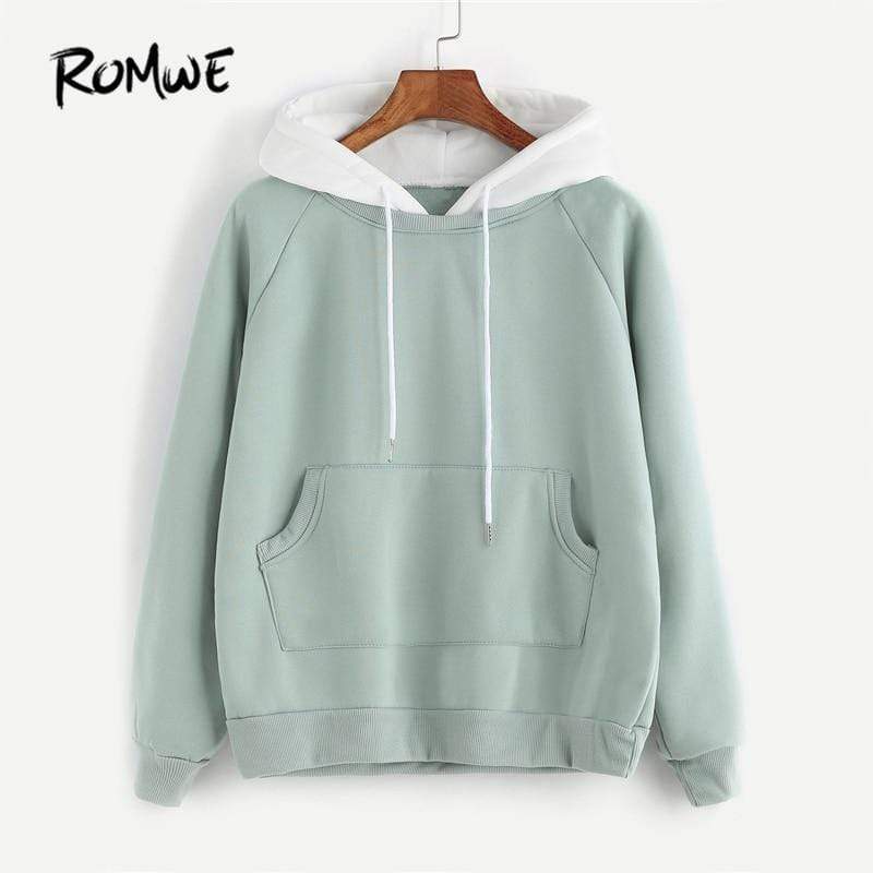 ROMWE Pale Green Patchwork Hoodie Women Raglan Long Sleeve Cute Contrast Hooded Sweatshirt 2018 Fall Pocket Drawstring Hoodies JadeMoghul Inc. 