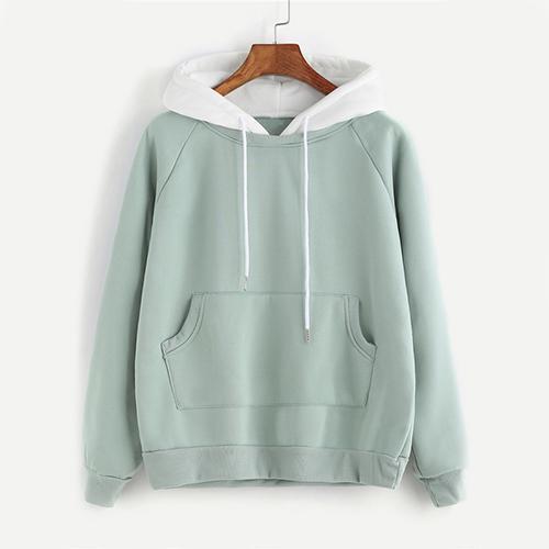 ROMWE Pale Green Patchwork Hoodie Women Raglan Long Sleeve Cute Contrast Hooded Sweatshirt 2018 Fall Pocket Drawstring Hoodies JadeMoghul Inc. 