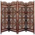 Traditional Four Panel Wooden Room Divider with Hand Carved Details, Antique Brown