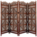 Traditional Four Panel Wooden Room Divider with Hand Carved Details, Antique Brown