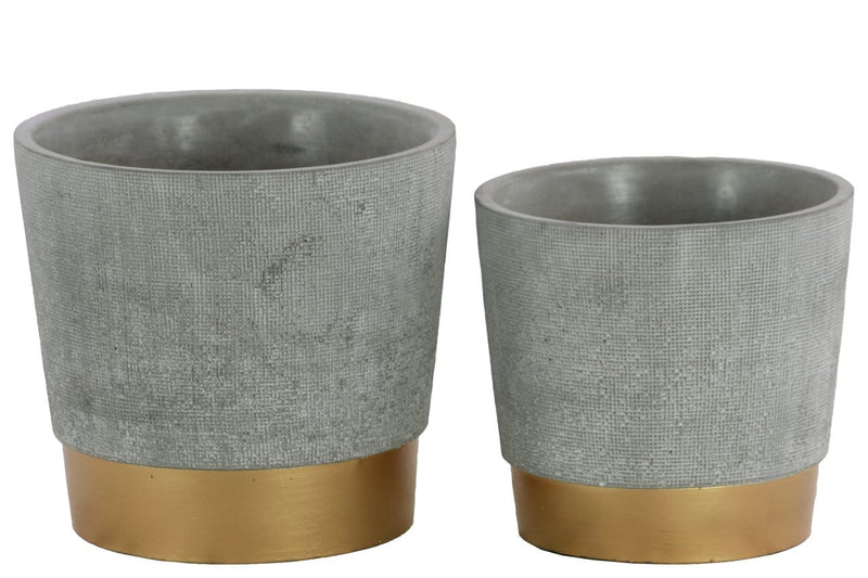 Round Cemented Flower Pot On Gold Banded Rim Base, Set of 2, Gray-Home Accent-Gray-Cement-JadeMoghul Inc.