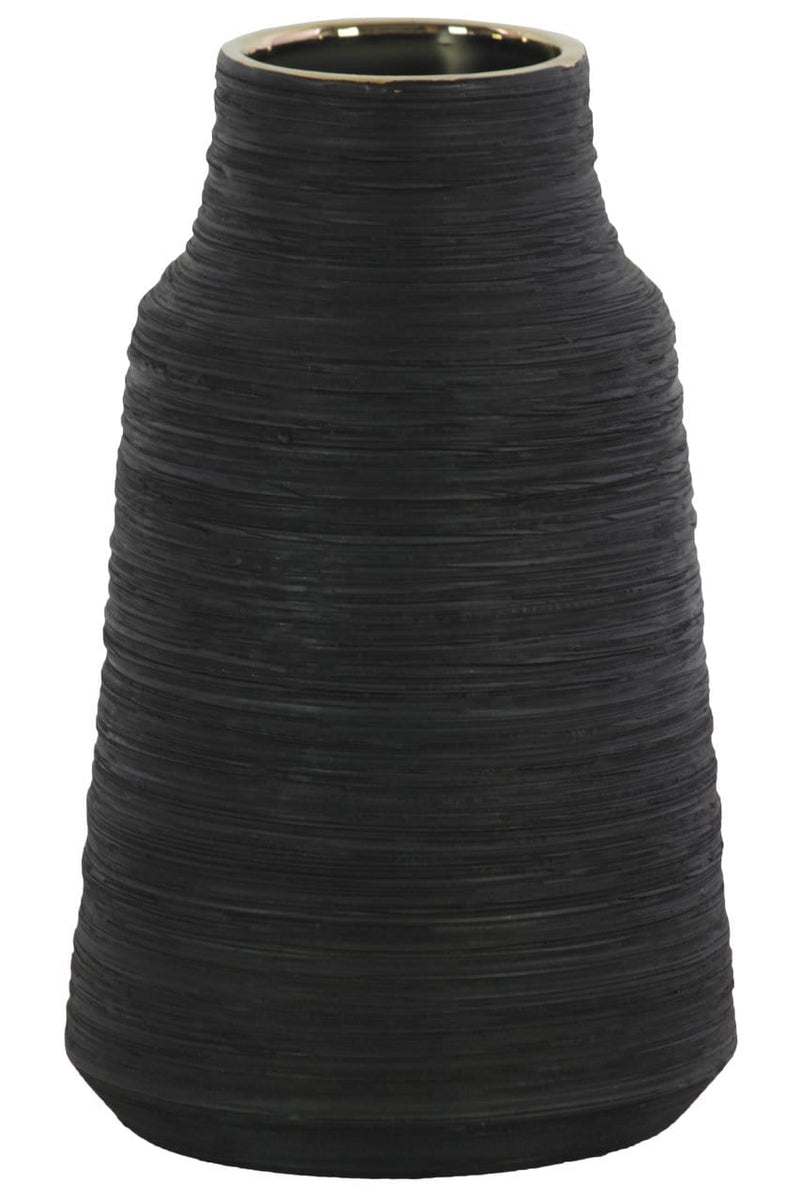 Round Ceramic Vase With Combed Design, Large, Black-Vases-Black-Ceramic-JadeMoghul Inc.