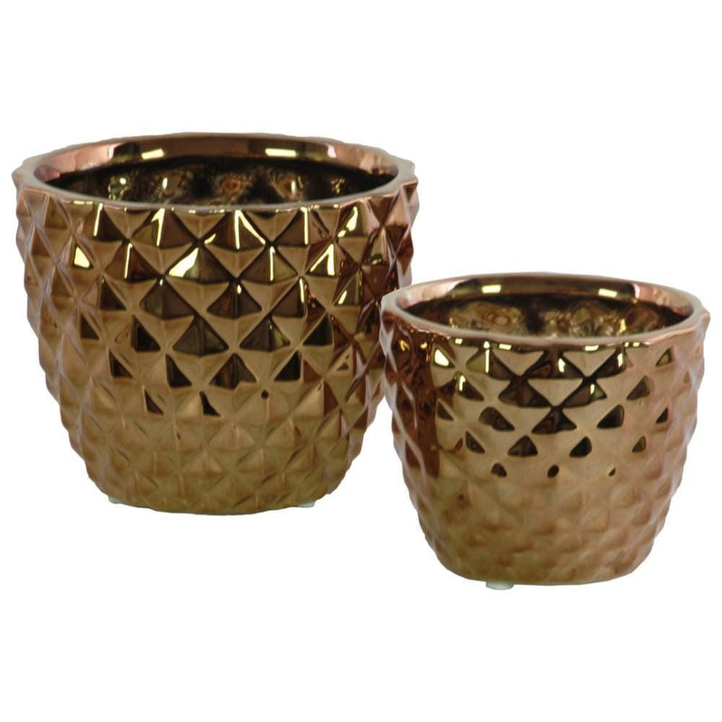 Round Ceramic Vase With Engraved Diamond Design , Set Of 2, Copper-Vases-Copper-Ceramic-JadeMoghul Inc.