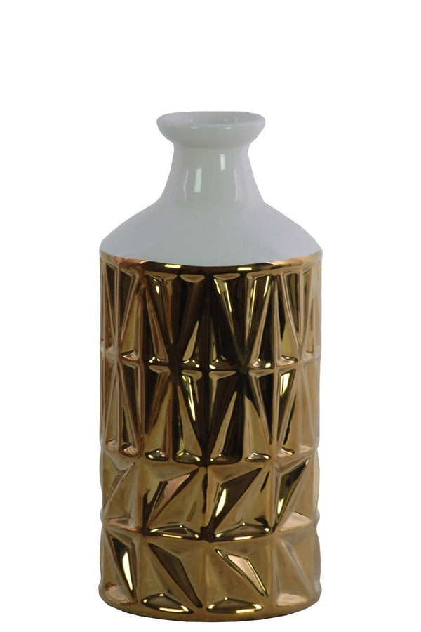 Round Ceramic Vase With White Banded Rimmed Top, Small, Chrome Gold-Vases-Gold and White-Ceramic-Glossy Chrome-JadeMoghul Inc.