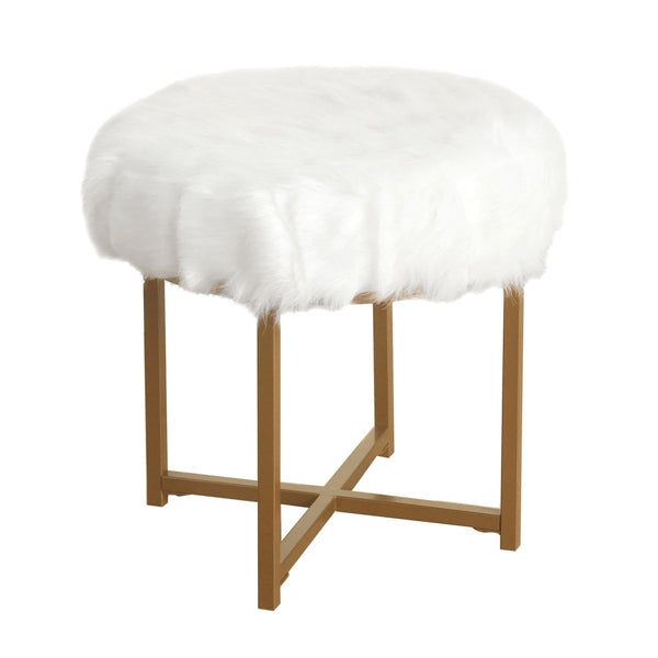Round Faux Fur Upholstered Stool with X Shape Metal Base, White and Gold-Accent Stools-White and Gold-Faux Fur and Metal-JadeMoghul Inc.