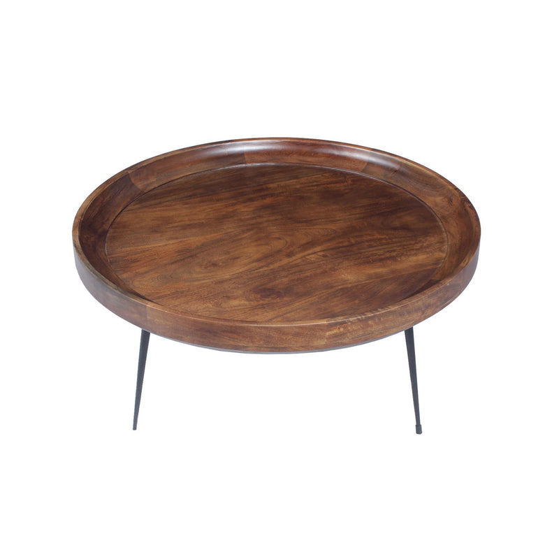 Round Mango Wood Coffee Table With Splayed Metal Legs, Brown and Black-Coffee Tables-Brown and Black-Mango Wood and Metal-Brown and Black-JadeMoghul Inc.