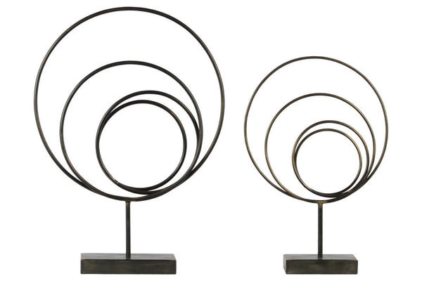 Round Metal Abstract Sculpture On Rectangular Stand, Set of 2, Gunmetal Gray-Sculptures-Gray-Metal-JadeMoghul Inc.