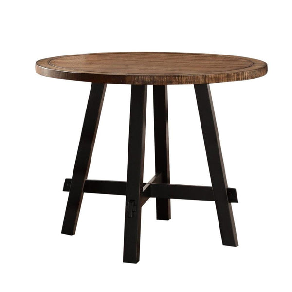 Round Rubber and Pine Wood Counter Height Table With X base, Brown-Dining Tables-Brown-Rubber Wood Pine Wood-JadeMoghul Inc.