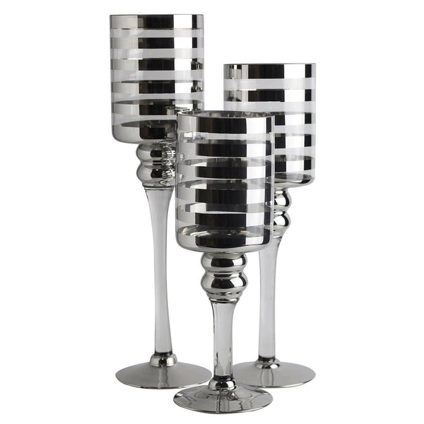 Round Stripe Pattern Glass Candle Holder with Pedestal Base, Set of Three, Silver-Candleholders-Silver-GLASS-JadeMoghul Inc.