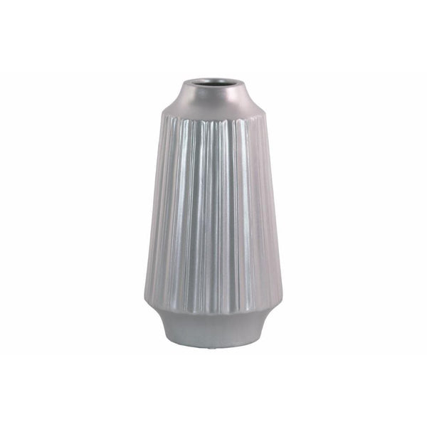 Round Vase with Round Lip Ribbed Design Body- Large- Silver- Benzara-Vases-Silver-JadeMoghul Inc.