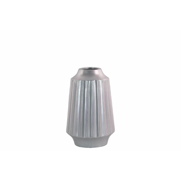 Round Vase with Round Lip Ribbed Design Body- Small- Silver- Benzara-Vases-Silver-JadeMoghul Inc.